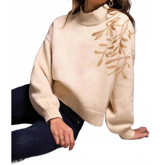 NEW TRIBAL sequin floral applique mock neck sweater in latte